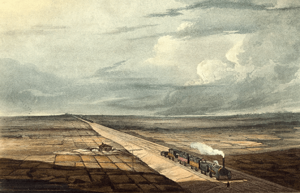 The crossing of Chat Moss by the Liverpool and Manchester Railway 1831/1833. Artist Henry Pyall.
